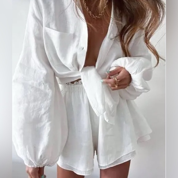 Commense Tops - Commense Elegant Aegean White Linen Blend Blouse and Shorts Set